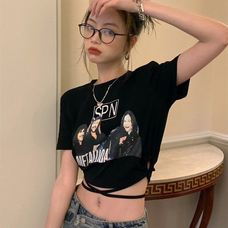 Jiashucheng Áo Thun Tay Ngắn Dáng Ôm Phối Dây Rút In Họa Tiết Phong Cách Âu Mỹ Thời Trang Cho Nữ