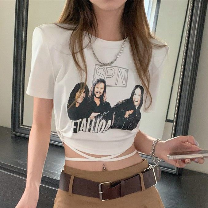 Jiashucheng Áo Thun Tay Ngắn Dáng Ôm Phối Dây Rút In Họa Tiết Phong Cách Âu Mỹ Thời Trang Cho Nữ