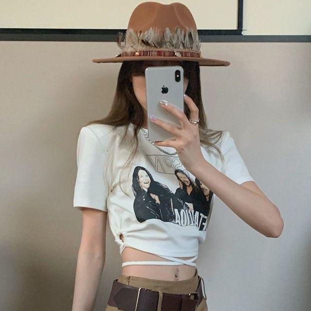 Jiashucheng Áo Thun Tay Ngắn Dáng Ôm Phối Dây Rút In Họa Tiết Phong Cách Âu Mỹ Thời Trang Cho Nữ