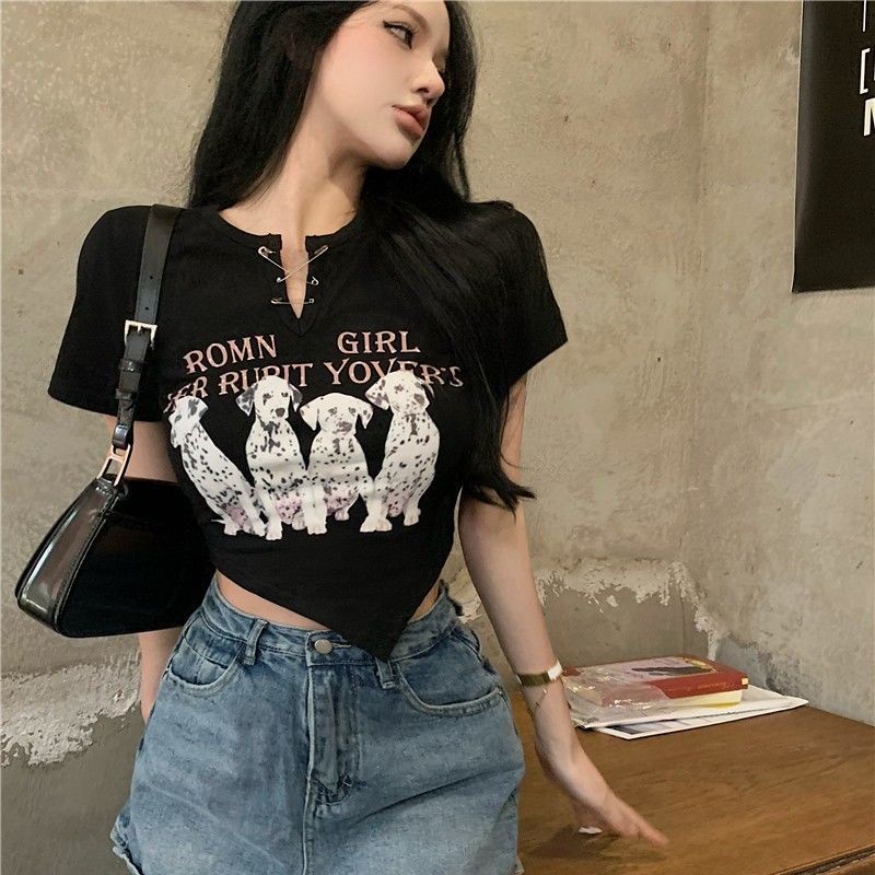 Jiashucheng Áo Thun Lửng Ngắn Tay Cổ Chữ V Phong Cách Hàn Quốc Quyến Rũ Dành Cho Nữ