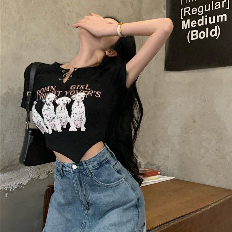 Jiashucheng Áo Thun Lửng Ngắn Tay Cổ Chữ V Phong Cách Hàn Quốc Quyến Rũ Dành Cho Nữ