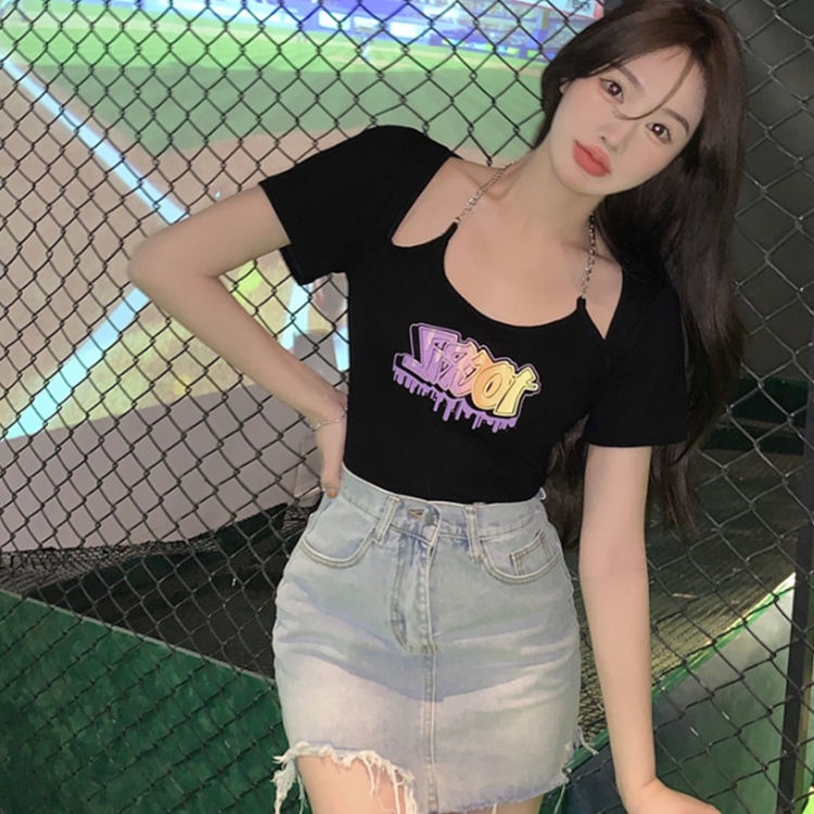 Jiashucheng Áo Thun Ngắn Tay Giả Hai Lớp In Họa Tiết Dây Xích Phong Cách Hàn Quốc Thời Trang Mùa Hè Cho Nữ
