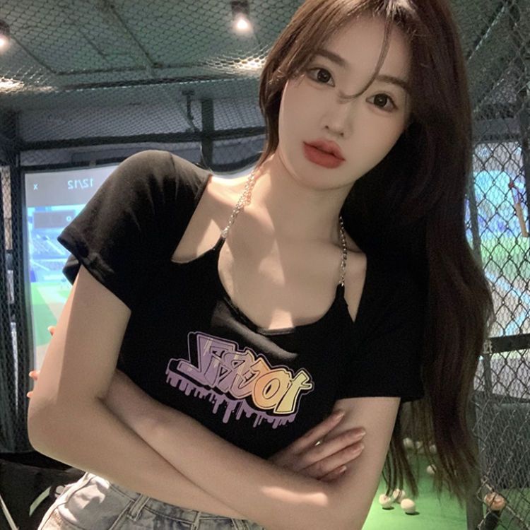 Jiashucheng Áo Thun Ngắn Tay Giả Hai Lớp In Họa Tiết Dây Xích Phong Cách Hàn Quốc Thời Trang Mùa Hè Cho Nữ