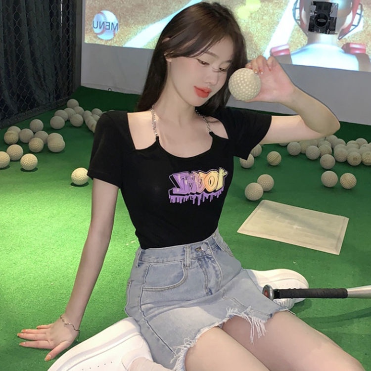 Jiashucheng Áo Thun Ngắn Tay Giả Hai Lớp In Họa Tiết Dây Xích Phong Cách Hàn Quốc Thời Trang Mùa Hè Cho Nữ