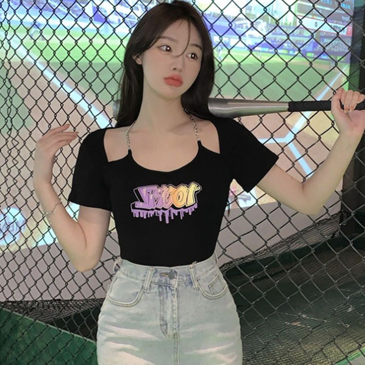 Jiashucheng Áo Thun Ngắn Tay Giả Hai Lớp In Họa Tiết Dây Xích Phong Cách Hàn Quốc Thời Trang Mùa Hè Cho Nữ