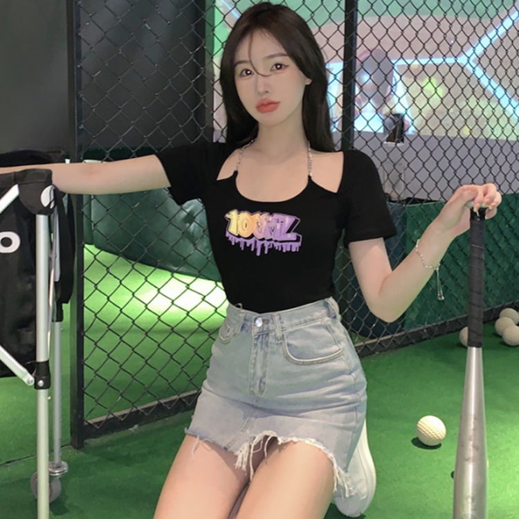 Jiashucheng Áo Thun Ngắn Tay Giả Hai Lớp In Họa Tiết Dây Xích Phong Cách Hàn Quốc Thời Trang Mùa Hè Cho Nữ