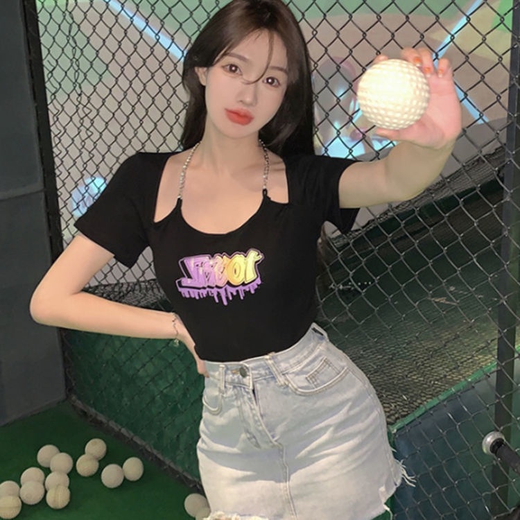 Jiashucheng Áo Thun Ngắn Tay Giả Hai Lớp In Họa Tiết Dây Xích Phong Cách Hàn Quốc Thời Trang Mùa Hè Cho Nữ