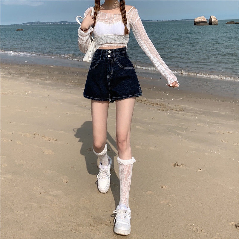 Jiashucheng Quần Short Denim Lưng Cao Ống Rộng Xẻ Tà Thời Trang Mùa Hè 2023 Phong Cách Mới Cho Nữ