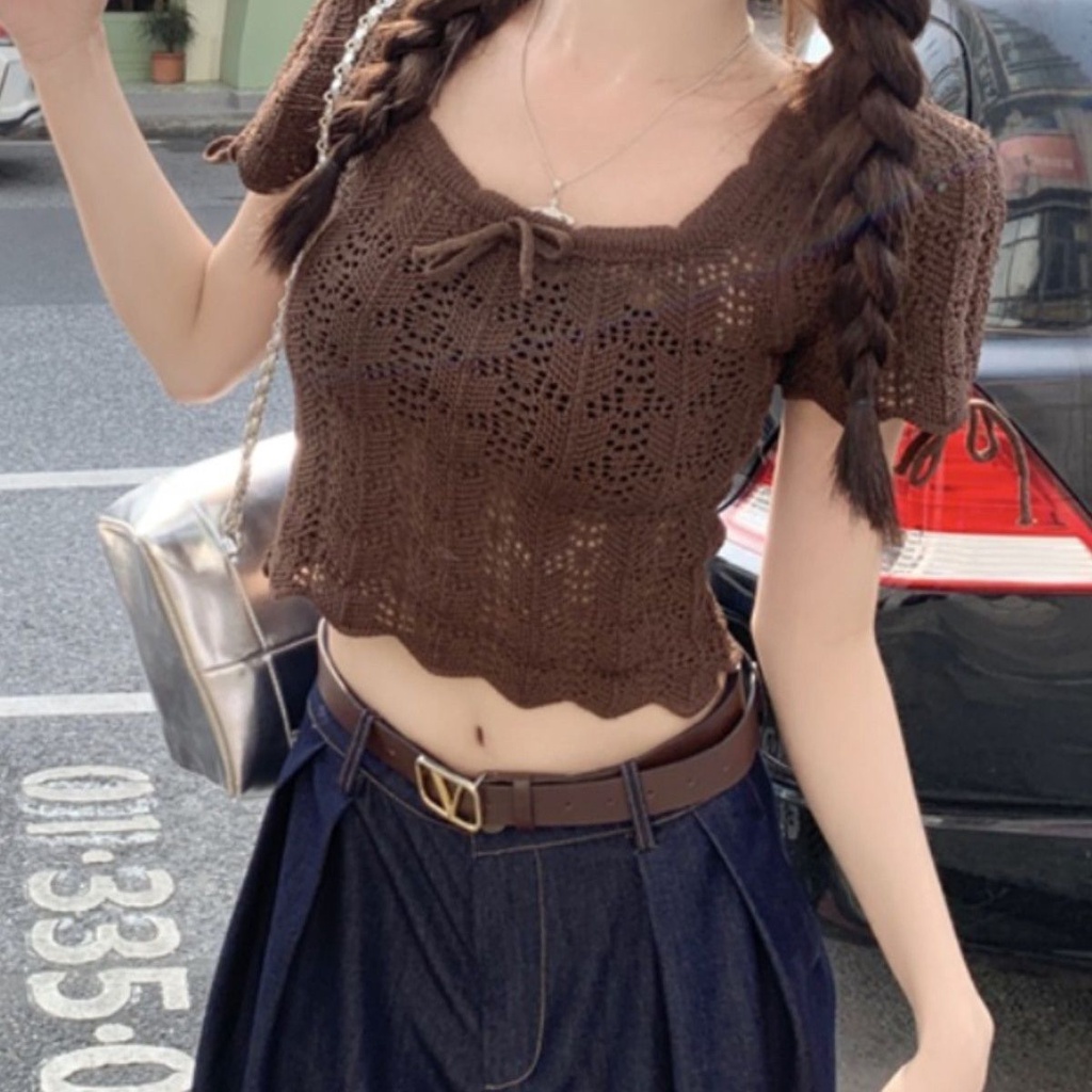 Jiashucheng Áo Thun Lụa Lạnh Dệt Kim Tay Ngắn Dáng Rộng Lưng Cao Thời Trang Mùa Hè Cho Nữ