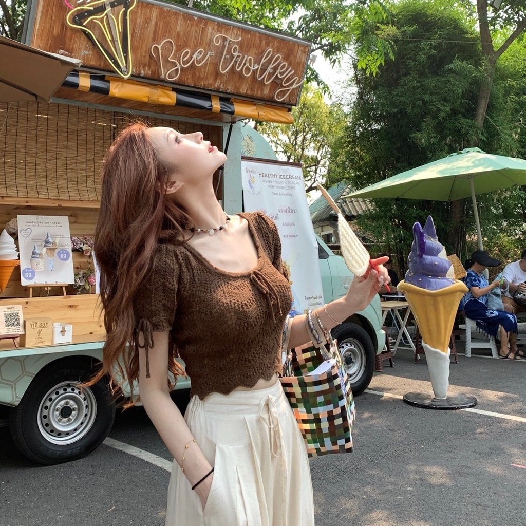 Jiashucheng Áo Thun Lụa Lạnh Dệt Kim Tay Ngắn Dáng Rộng Lưng Cao Thời Trang Mùa Hè Cho Nữ