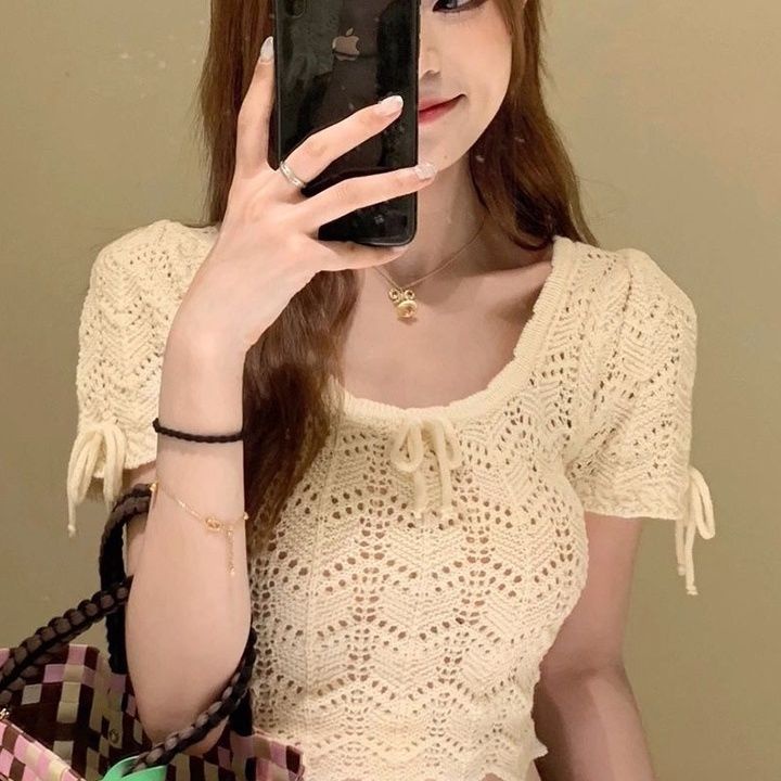 Jiashucheng Áo Thun Lụa Lạnh Dệt Kim Tay Ngắn Dáng Rộng Lưng Cao Thời Trang Mùa Hè Cho Nữ