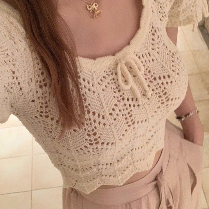 Jiashucheng Áo Thun Lụa Lạnh Dệt Kim Tay Ngắn Dáng Rộng Lưng Cao Thời Trang Mùa Hè Cho Nữ