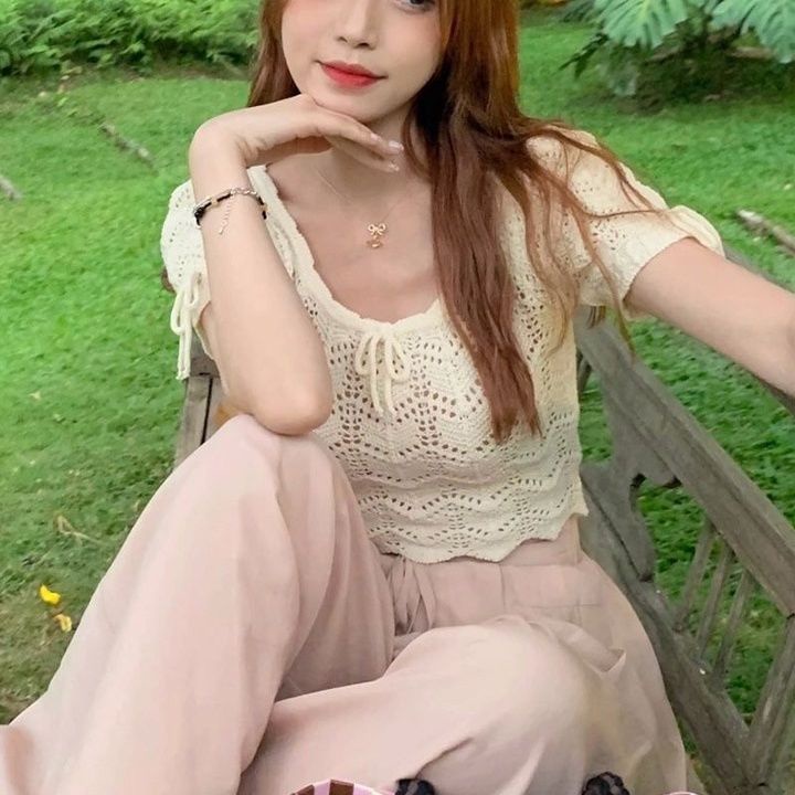 Jiashucheng Áo Thun Lụa Lạnh Dệt Kim Tay Ngắn Dáng Rộng Lưng Cao Thời Trang Mùa Hè Cho Nữ