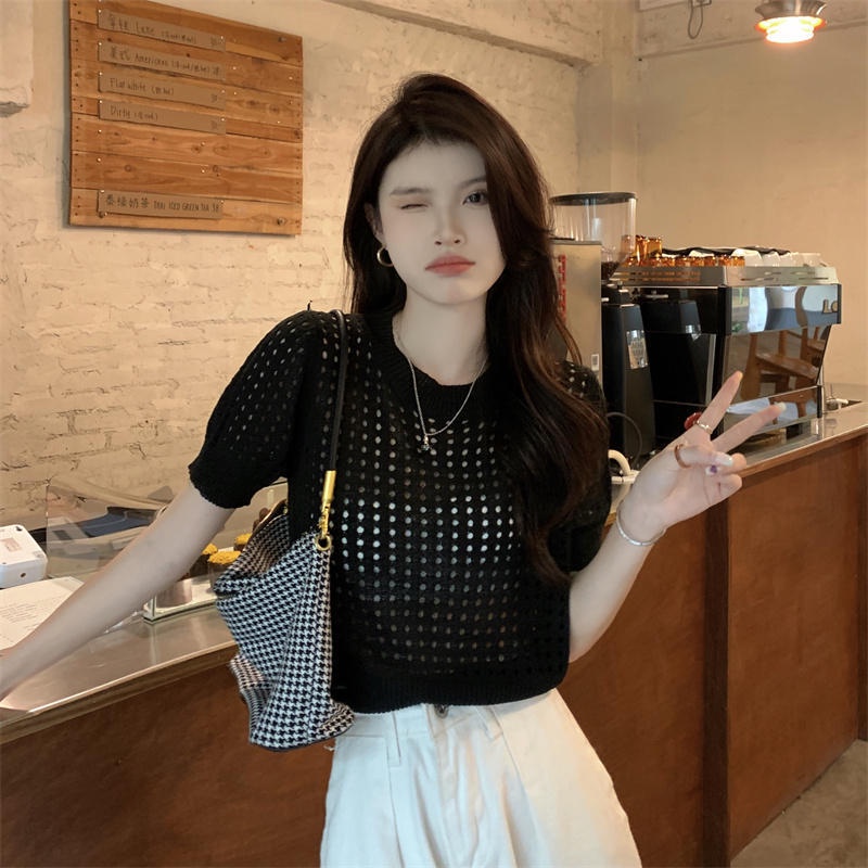 Jiashucheng Áo Sweater Dệt Kim Mỏng Dáng Rộng Tay Ngắn Phong Cách Mới Mùa Hè Cho Nữ