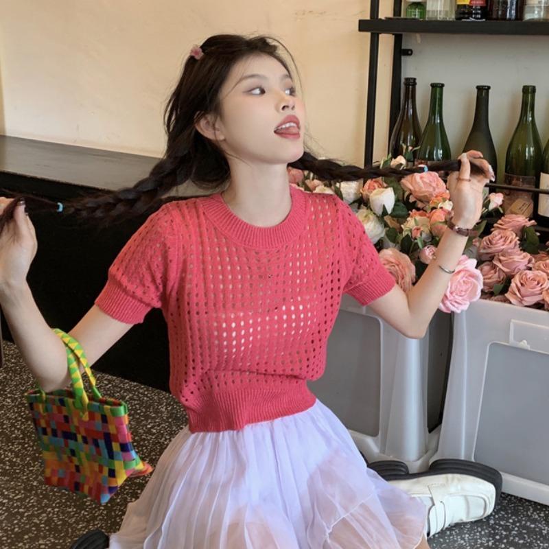 Jiashucheng Áo Sweater Dệt Kim Mỏng Dáng Rộng Tay Ngắn Phong Cách Mới Mùa Hè Cho Nữ
