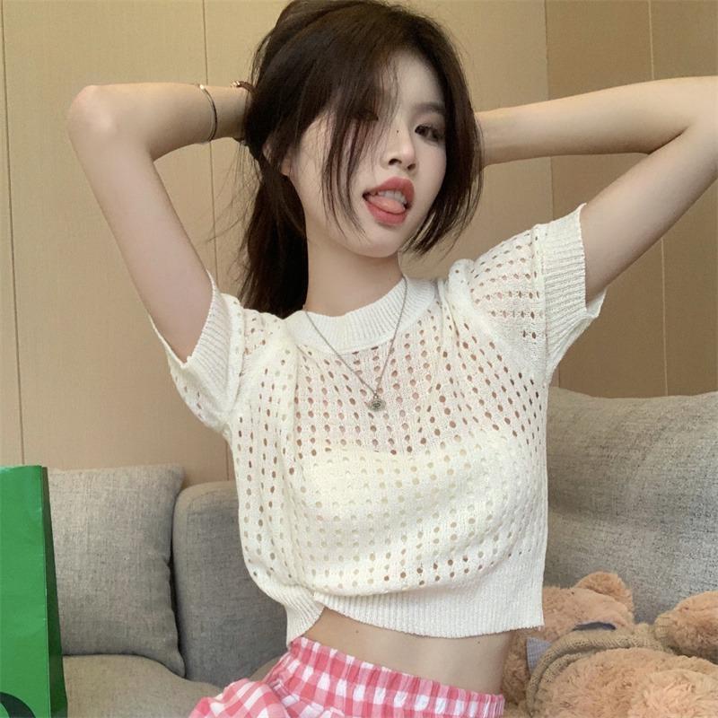 Jiashucheng Áo Sweater Dệt Kim Mỏng Dáng Rộng Tay Ngắn Phong Cách Mới Mùa Hè Cho Nữ