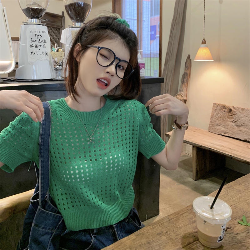 Jiashucheng Áo Sweater Dệt Kim Mỏng Dáng Rộng Tay Ngắn Phong Cách Mới Mùa Hè Cho Nữ