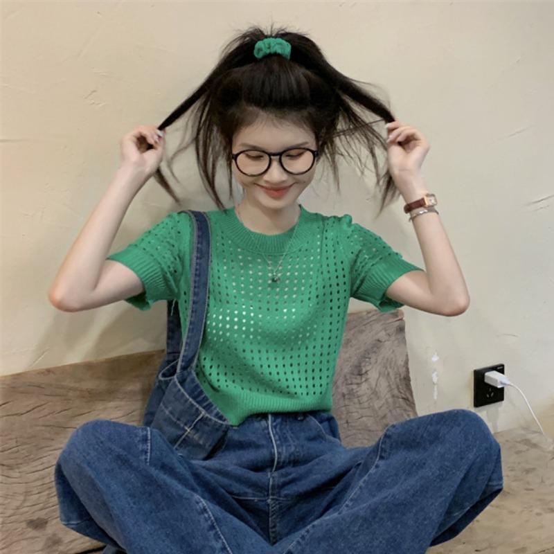 Jiashucheng Áo Sweater Dệt Kim Mỏng Dáng Rộng Tay Ngắn Phong Cách Mới Mùa Hè Cho Nữ