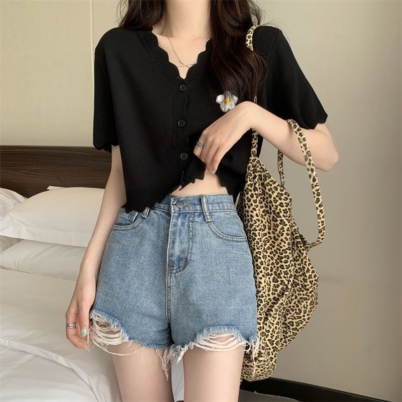 Jiashucheng Áo Khoác Cardigan Tay Ngắn Cổ Chữ V In Họa Tiết Hoa Phong Cách Hàn Quốc Thời Trang Mùa Hè Cho Nữ