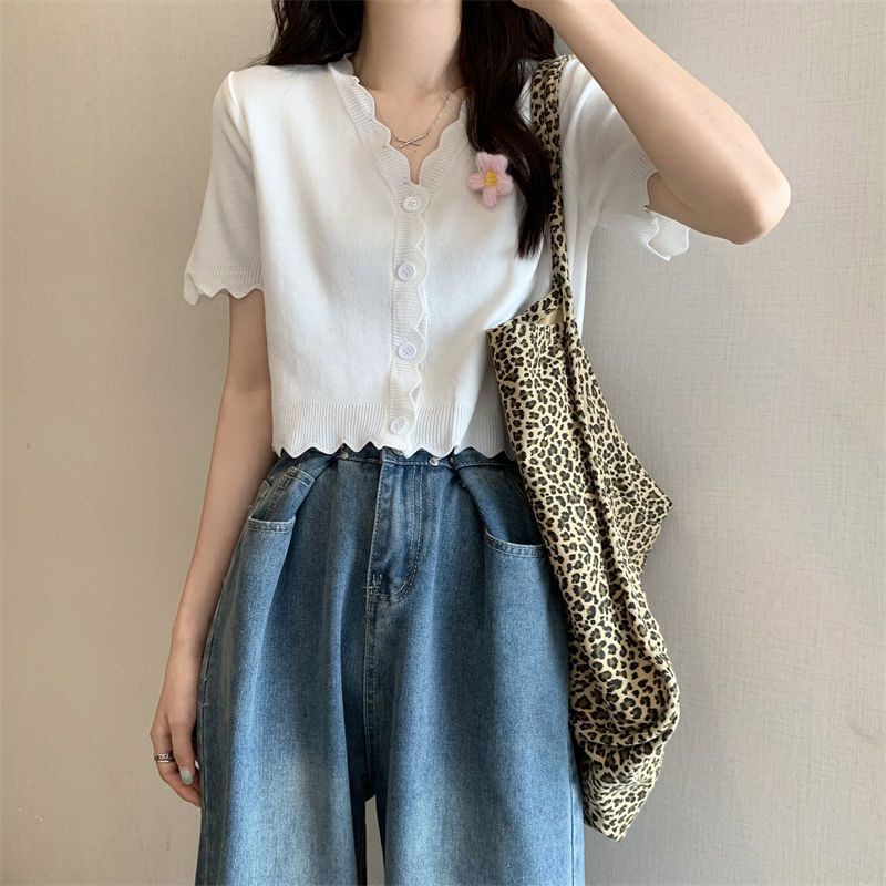 Jiashucheng Áo Khoác Cardigan Tay Ngắn Cổ Chữ V In Họa Tiết Hoa Phong Cách Hàn Quốc Thời Trang Mùa Hè Cho Nữ