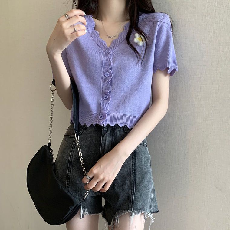 Jiashucheng Áo Khoác Cardigan Tay Ngắn Cổ Chữ V In Họa Tiết Hoa Phong Cách Hàn Quốc Thời Trang Mùa Hè Cho Nữ