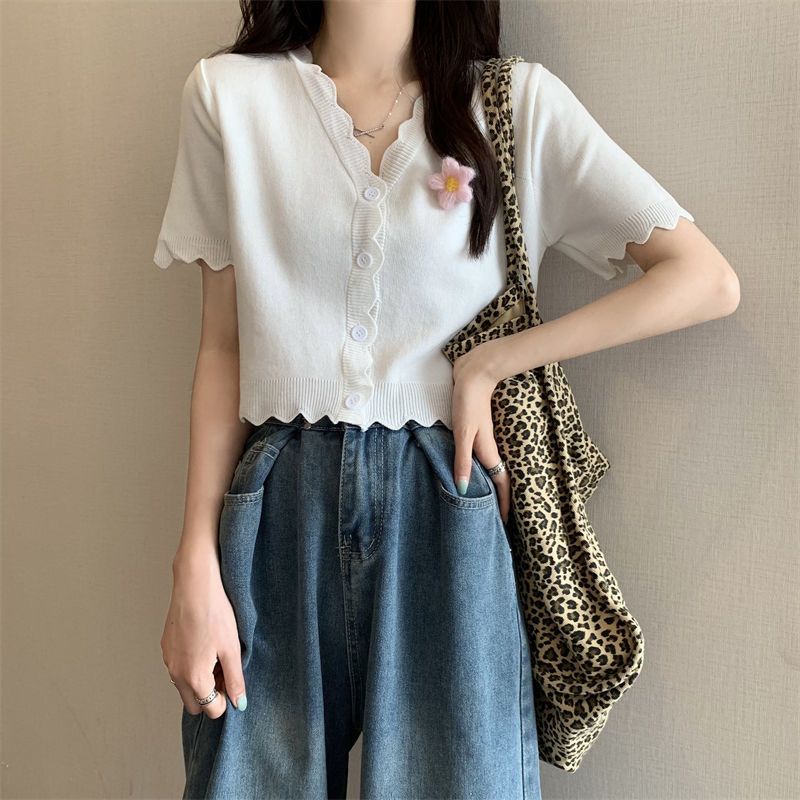 Jiashucheng Áo Khoác Cardigan Tay Ngắn Cổ Chữ V In Họa Tiết Hoa Phong Cách Hàn Quốc Thời Trang Mùa Hè Cho Nữ