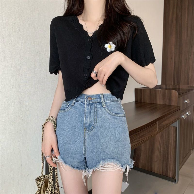 Jiashucheng Áo Khoác Cardigan Tay Ngắn Cổ Chữ V In Họa Tiết Hoa Phong Cách Hàn Quốc Thời Trang Mùa Hè Cho Nữ