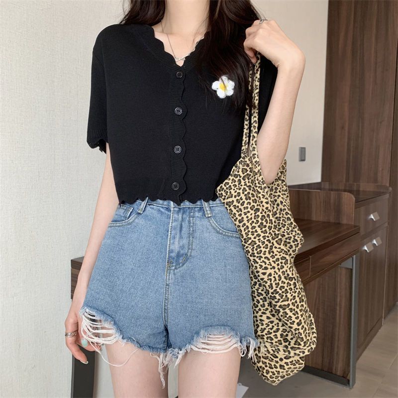 Jiashucheng Áo Khoác Cardigan Tay Ngắn Cổ Chữ V In Họa Tiết Hoa Phong Cách Hàn Quốc Thời Trang Mùa Hè Cho Nữ