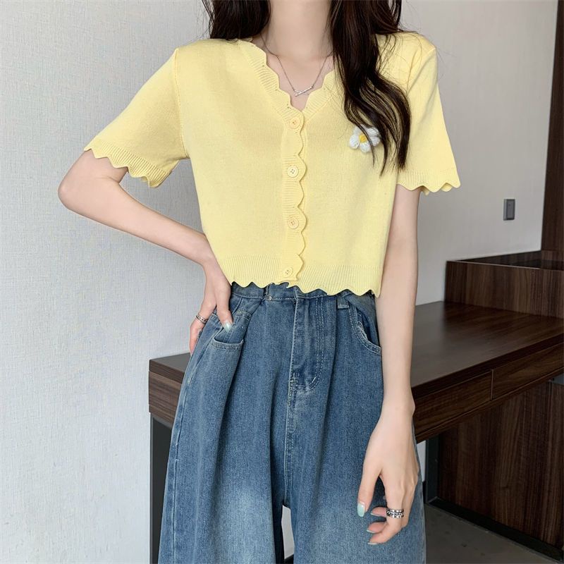 Jiashucheng Áo Khoác Cardigan Tay Ngắn Cổ Chữ V In Họa Tiết Hoa Phong Cách Hàn Quốc Thời Trang Mùa Hè Cho Nữ