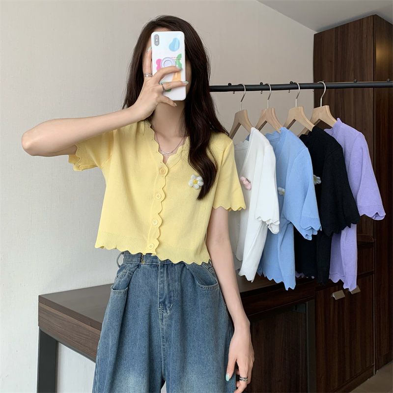 Jiashucheng Áo Khoác Cardigan Tay Ngắn Cổ Chữ V In Họa Tiết Hoa Phong Cách Hàn Quốc Thời Trang Mùa Hè Cho Nữ