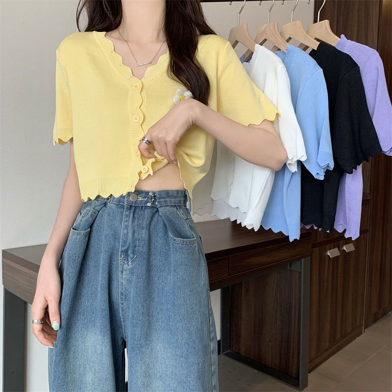 Jiashucheng Áo Khoác Cardigan Tay Ngắn Cổ Chữ V In Họa Tiết Hoa Phong Cách Hàn Quốc Thời Trang Mùa Hè Cho Nữ