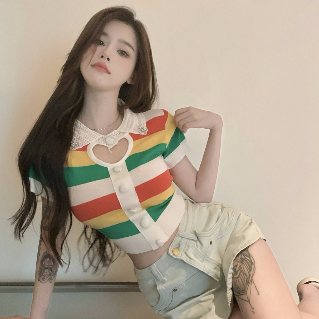 Jiashucheng Áo Thun polo Dệt Kim Lụa Lạnh Tay Ngắn Khoét Lỗ Kẻ Sọc Màu Tương Phản Thời Trang Mùa Hè Dễ Phối Đồ