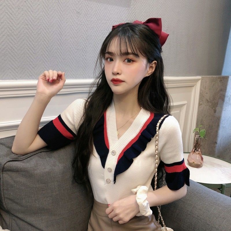 Jiashucheng Áo Dệt Kim Tay Loe Ngắn Cổ Chữ V Thời Trang Mùa Hè Quyến Rũ Cho Nữ