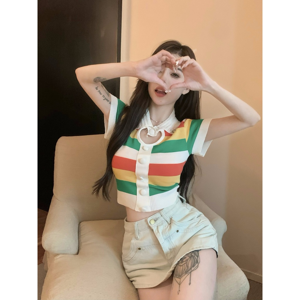 Jiashucheng Áo Thun polo Dệt Kim Lụa Lạnh Tay Ngắn Khoét Lỗ Kẻ Sọc Màu Tương Phản Thời Trang Mùa Hè Dễ Phối Đồ