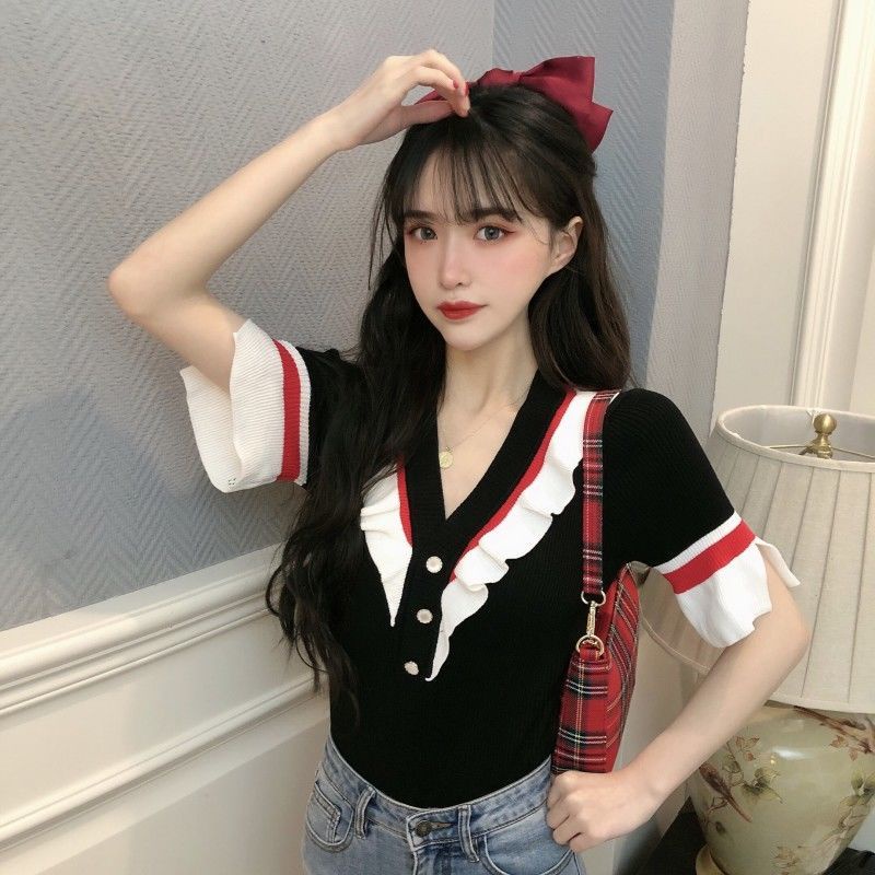 Jiashucheng Áo Dệt Kim Tay Loe Ngắn Cổ Chữ V Thời Trang Mùa Hè Quyến Rũ Cho Nữ