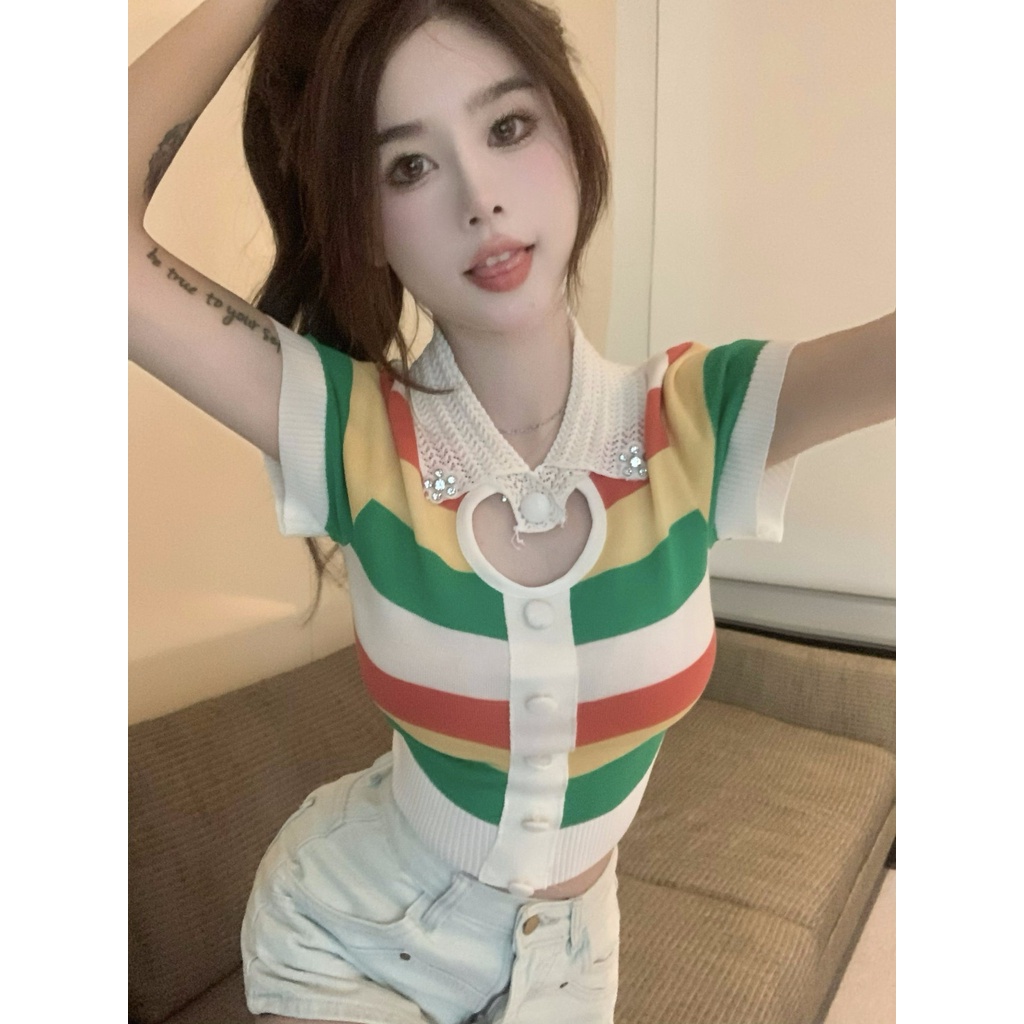 Jiashucheng Áo Thun polo Dệt Kim Lụa Lạnh Tay Ngắn Khoét Lỗ Kẻ Sọc Màu Tương Phản Thời Trang Mùa Hè Dễ Phối Đồ