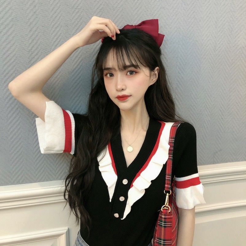 Jiashucheng Áo Dệt Kim Tay Loe Ngắn Cổ Chữ V Thời Trang Mùa Hè Quyến Rũ Cho Nữ