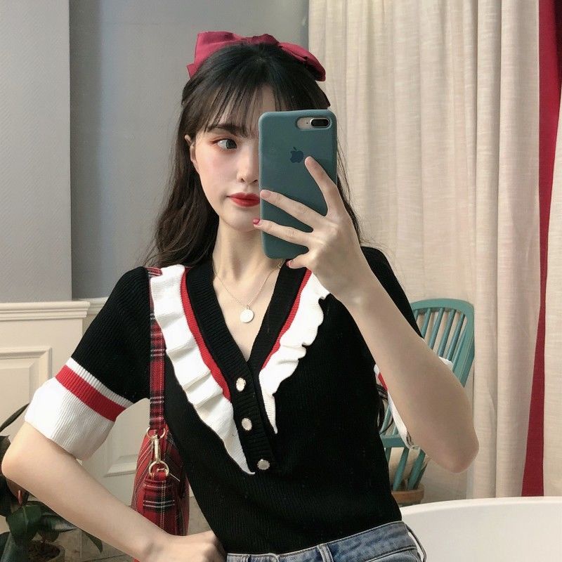 Jiashucheng Áo Dệt Kim Tay Loe Ngắn Cổ Chữ V Thời Trang Mùa Hè Quyến Rũ Cho Nữ