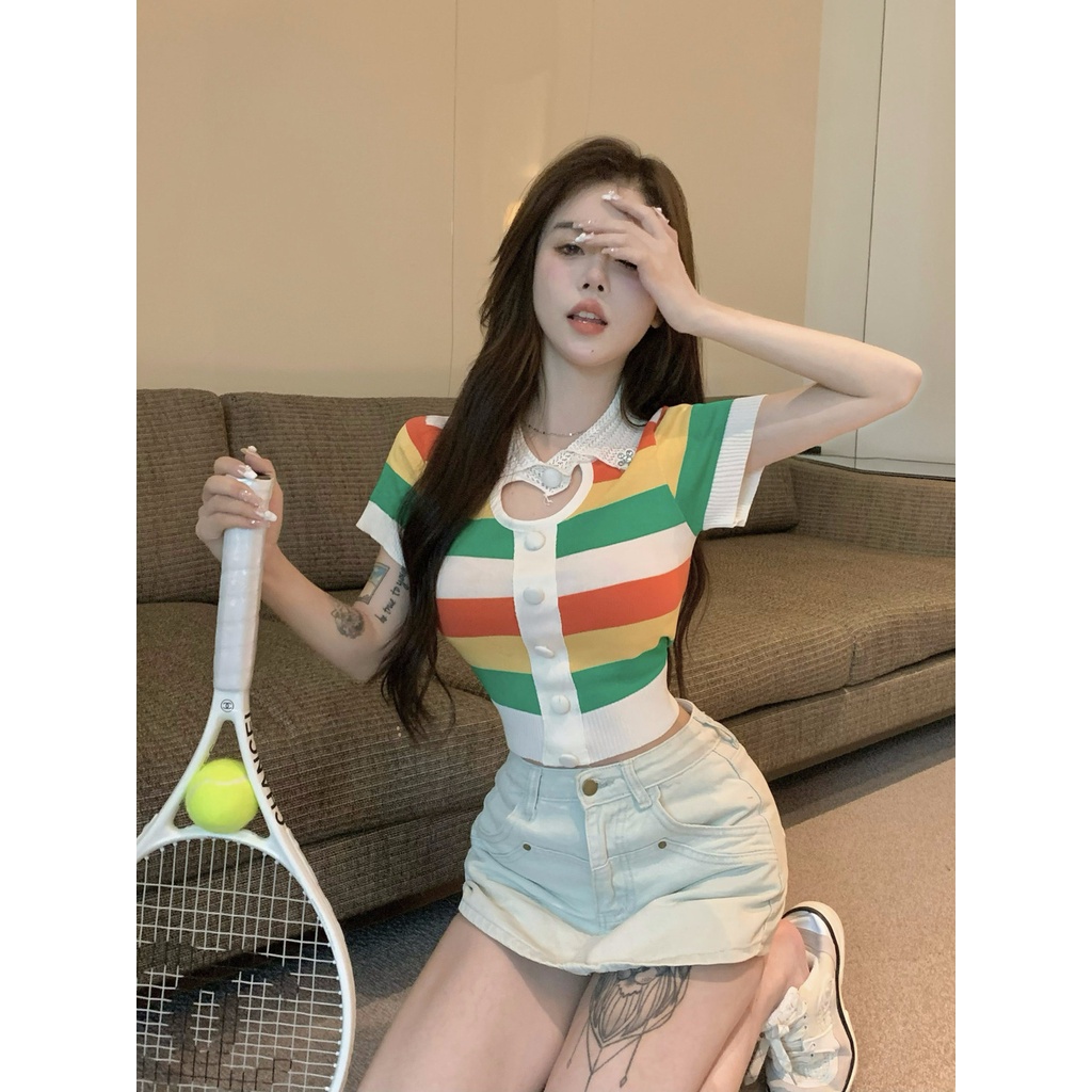 Jiashucheng Áo Thun polo Dệt Kim Lụa Lạnh Tay Ngắn Khoét Lỗ Kẻ Sọc Màu Tương Phản Thời Trang Mùa Hè Dễ Phối Đồ