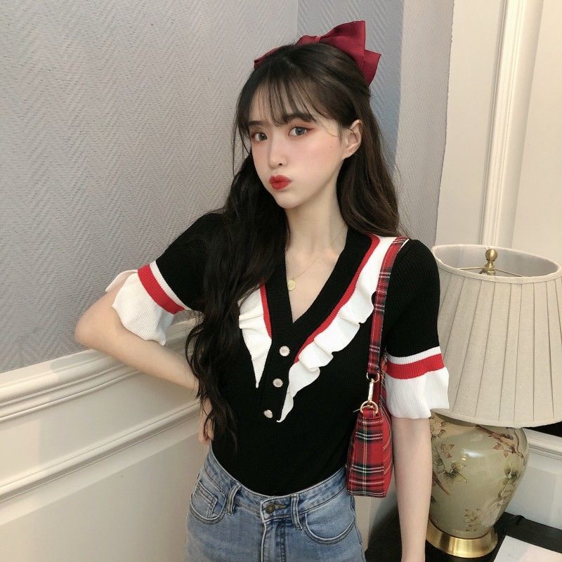 Jiashucheng Áo Dệt Kim Tay Loe Ngắn Cổ Chữ V Thời Trang Mùa Hè Quyến Rũ Cho Nữ