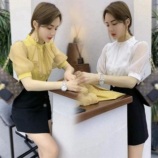 Yuexunthin áo sơ mi tay ngắn màu vàng ngọt ngào thời trang mùa hè cho nữ