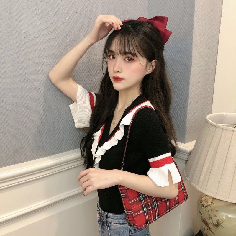 Jiashucheng Áo Dệt Kim Tay Loe Ngắn Cổ Chữ V Thời Trang Mùa Hè Quyến Rũ Cho Nữ