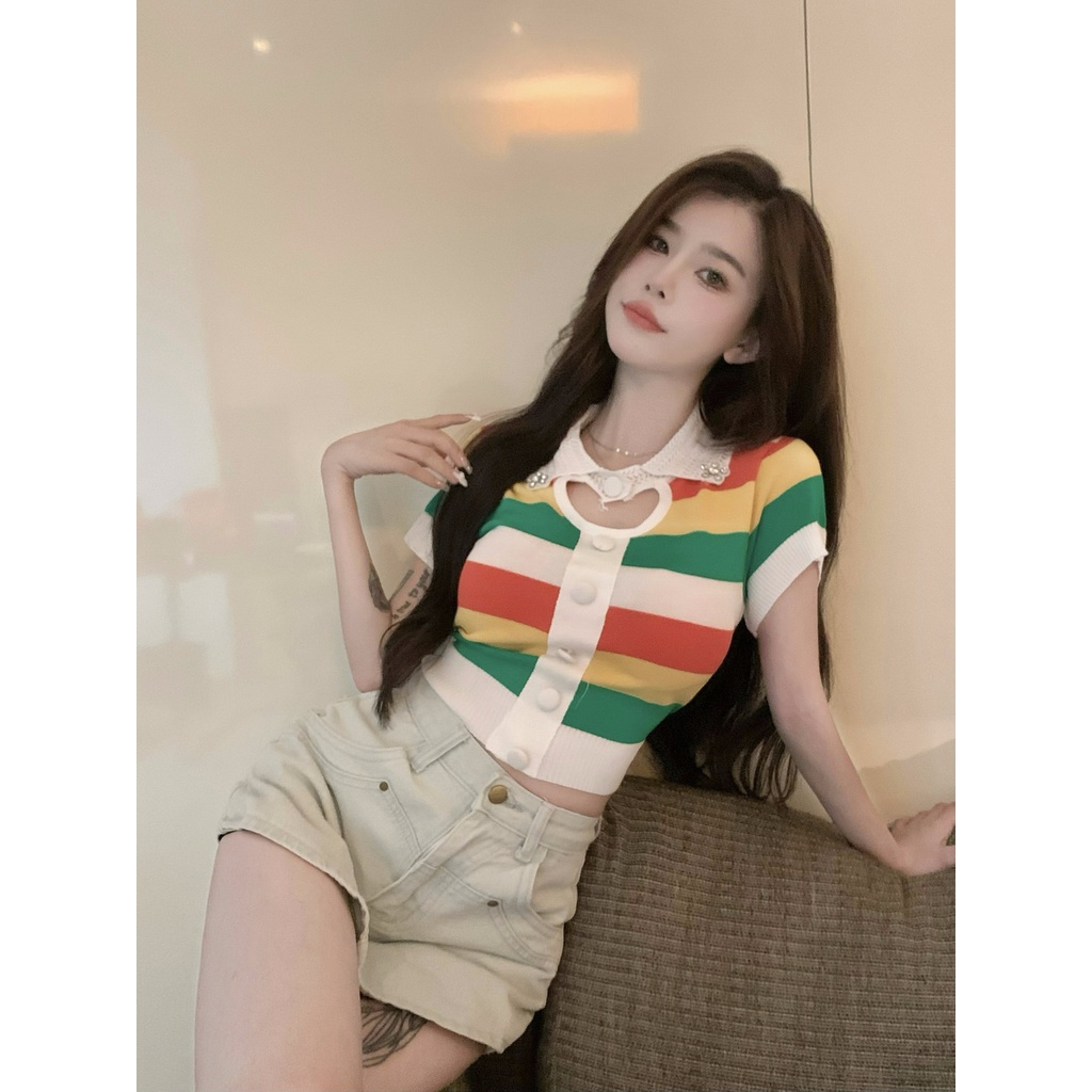 Jiashucheng Áo Thun polo Dệt Kim Lụa Lạnh Tay Ngắn Khoét Lỗ Kẻ Sọc Màu Tương Phản Thời Trang Mùa Hè Dễ Phối Đồ