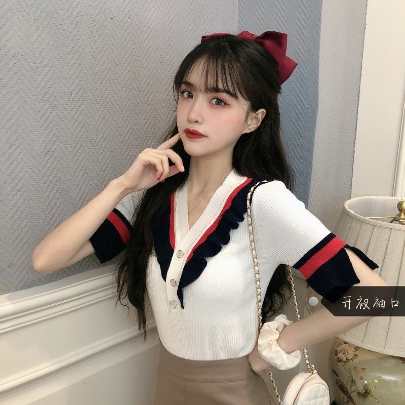 Jiashucheng Áo Dệt Kim Tay Loe Ngắn Cổ Chữ V Thời Trang Mùa Hè Quyến Rũ Cho Nữ