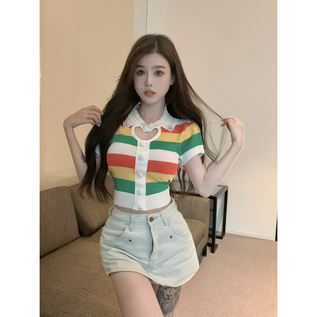 Jiashucheng Áo Thun polo Dệt Kim Lụa Lạnh Tay Ngắn Khoét Lỗ Kẻ Sọc Màu Tương Phản Thời Trang Mùa Hè Dễ Phối Đồ