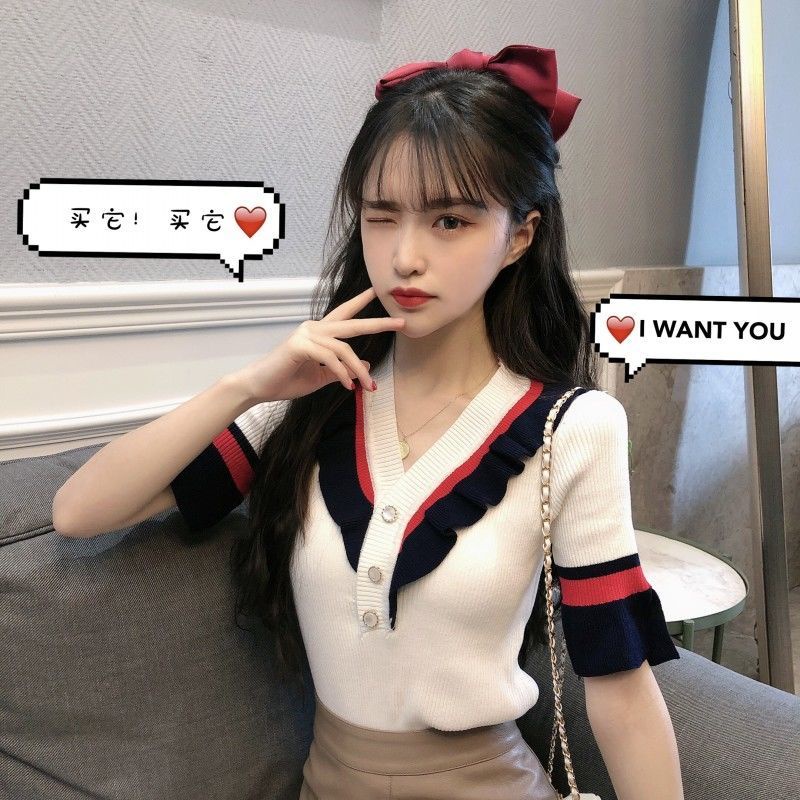 Jiashucheng Áo Dệt Kim Tay Loe Ngắn Cổ Chữ V Thời Trang Mùa Hè Quyến Rũ Cho Nữ