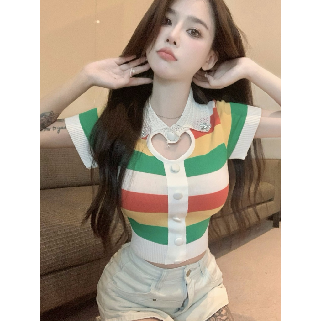 Jiashucheng Áo Thun polo Dệt Kim Lụa Lạnh Tay Ngắn Khoét Lỗ Kẻ Sọc Màu Tương Phản Thời Trang Mùa Hè Dễ Phối Đồ