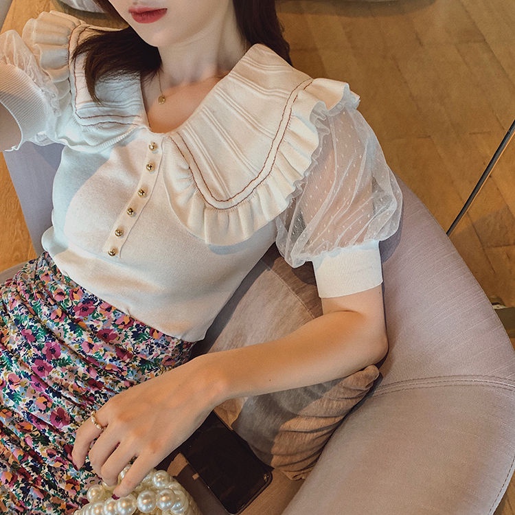 Jiashucheng Áo Thun Tay Ngắn Phồng Cổ Búp Bê Vải Lụa Mát Thời Trang Mùa Hè Cho Bạn Gái