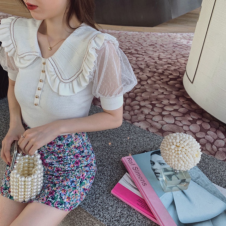 Jiashucheng Áo Thun Tay Ngắn Phồng Cổ Búp Bê Vải Lụa Mát Thời Trang Mùa Hè Cho Bạn Gái