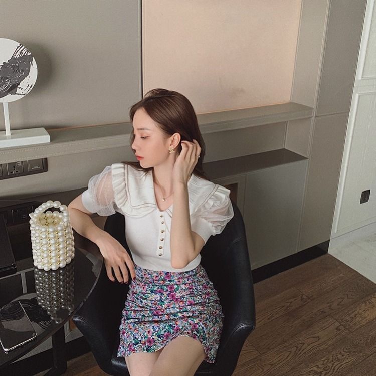 Jiashucheng Áo Thun Tay Ngắn Phồng Cổ Búp Bê Vải Lụa Mát Thời Trang Mùa Hè Cho Bạn Gái